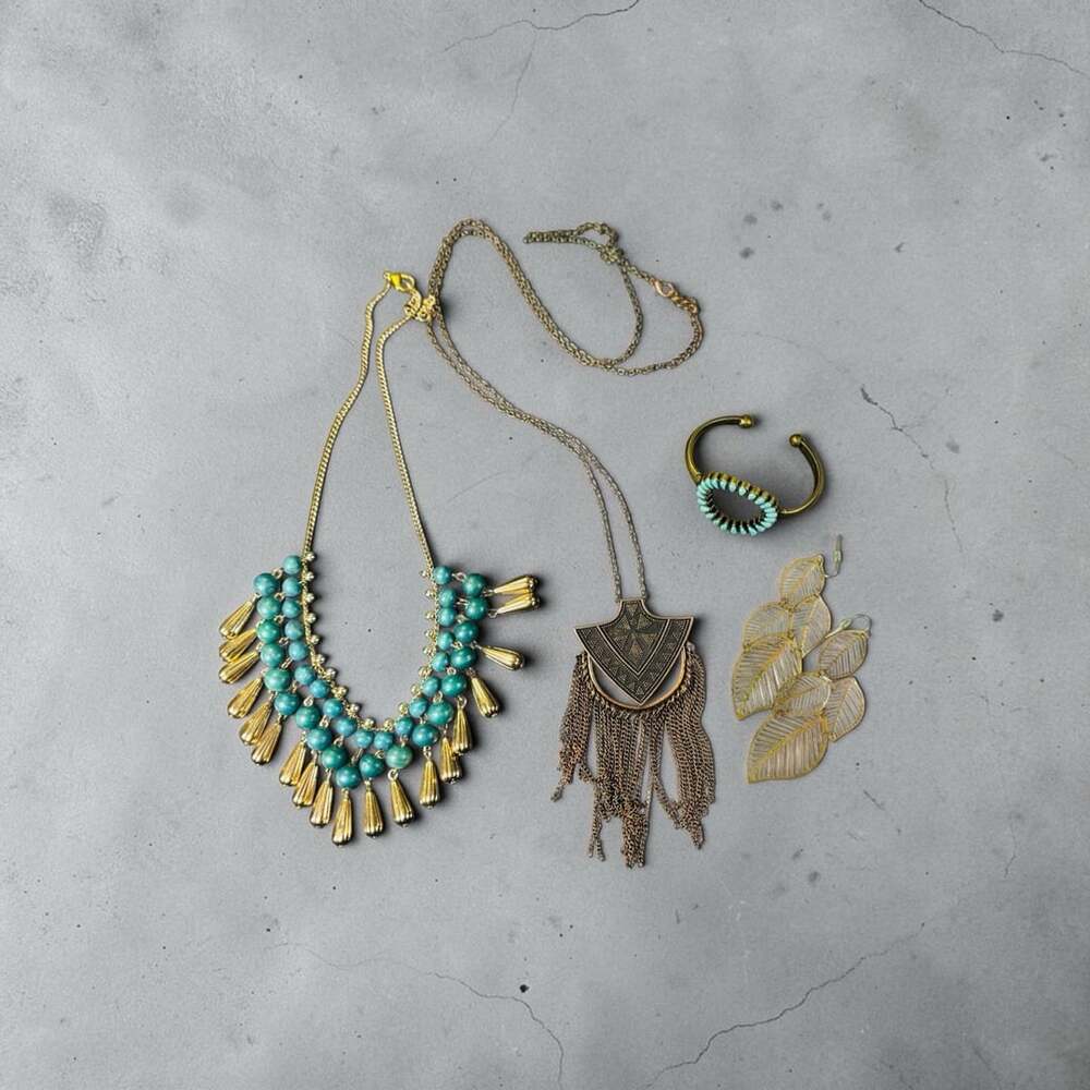 Turquoise Bead and Gold Teardrop Bib Necklace, Fringe Pendant Necklace, Leaf